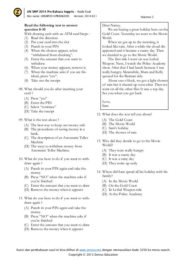 Prediksi Un Smp Bahasa Inggris 2014