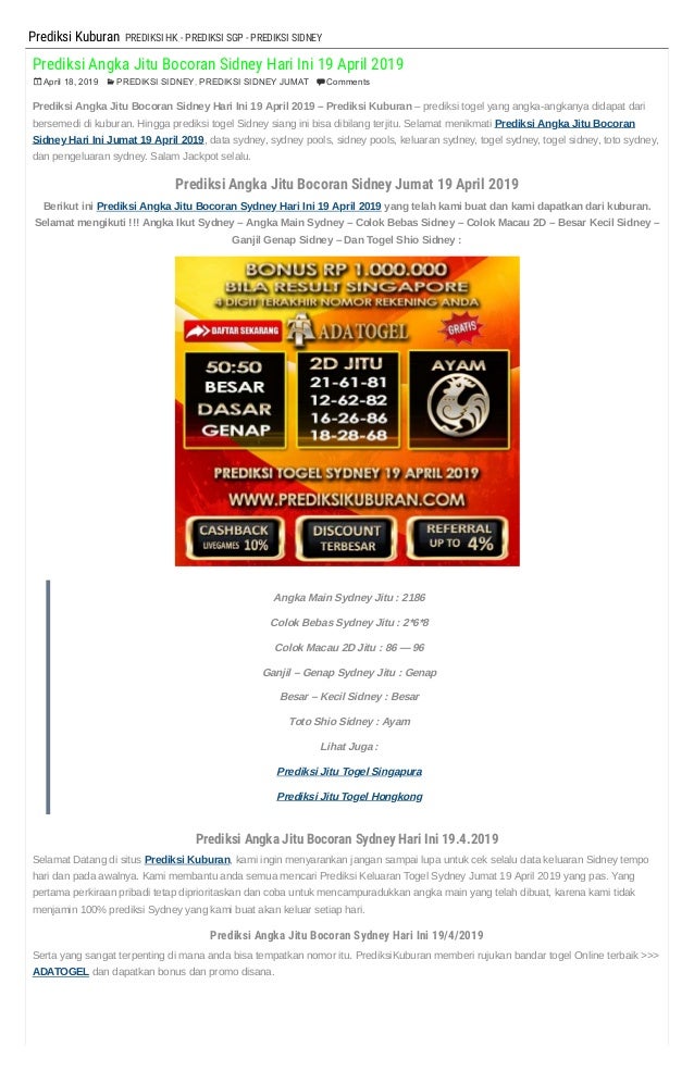 Togel Hari Ini Sidney Prediksi
, Prediksi Angka Jitu Bocoran Sidney Hari Ini 19 April 2019