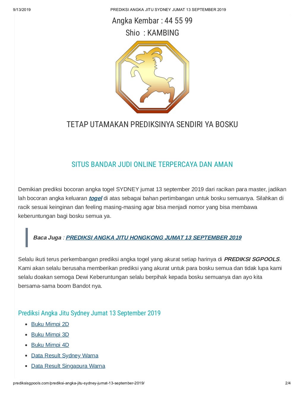 Prediksi angka jitu sydney jumat 13 september 2019