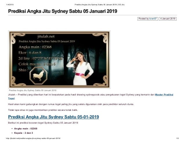 Angka Jitu Sydney Sabtu
, Prediksi Angka Jitu Sydney Sabtu 05 Januari 2019 Sd Jitu