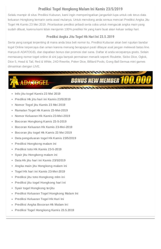 Prediksi Angka Jitu Togel Hongkong Kamis 23 Mei 2019