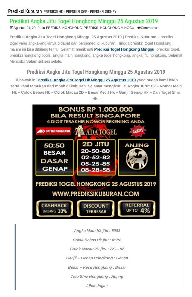 Prediksi Angka Jitu Togel Hongkong Minggu 25 Agustus 2019