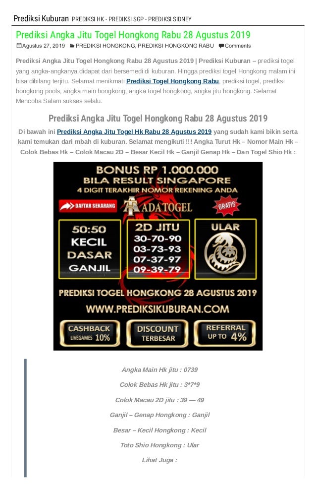 Prediksi Angka Jitu Togel Hongkong Rabu 28 Agustus 2019