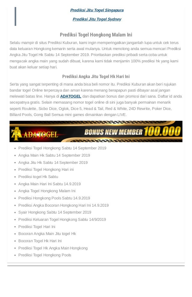 Angka Jitu 100 Hk Malam Ini
, Prediksi Angka Jitu Togel Hongkong Sabtu 14 September 2019