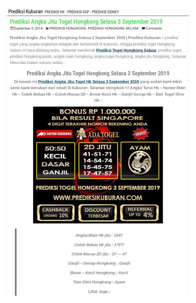 Togel Jitu Hari Ini 365
, Prediksi Angka Jitu Togel Hongkong Selasa 3 September 2019