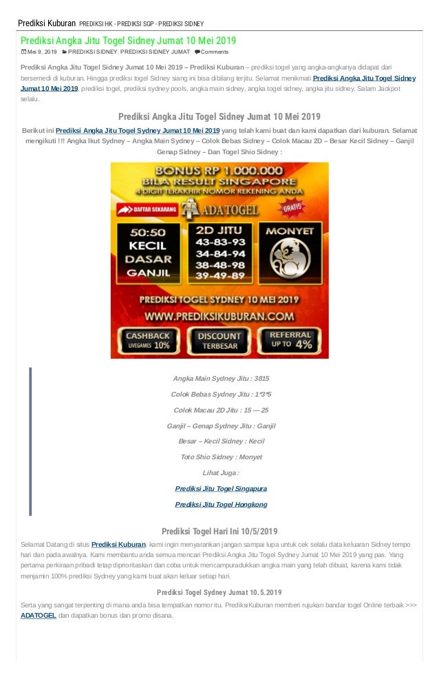 Prediksi Angka Jitu Togel Sidney Jumat 10 Mei 2019