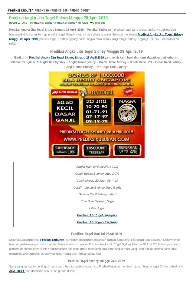 Prediksi Angka Jitu Togel Sidney Minggu 28 April 2019
