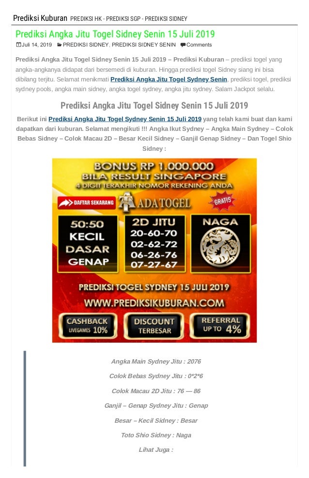 Togel Naga Jitu
, Prediksi Angka Jitu Togel Sidney Senin 15 Juli 2019