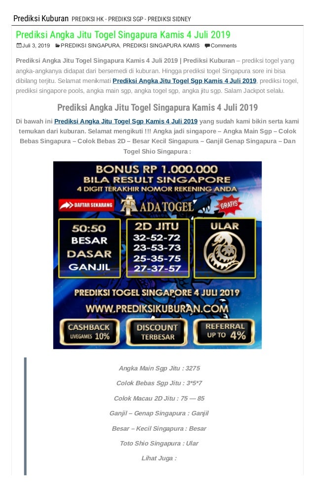 Prediksi Angka Jitu Togel Singapura Kamis 4 Juli 2019 Prediksi Angka Jitu Togel Singapura Kamis 4 Juli 2019