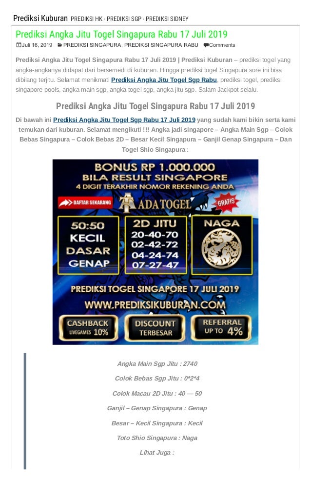 Prediksi Angka Jitu Togel Singapura Rabu 17 Juli 2019