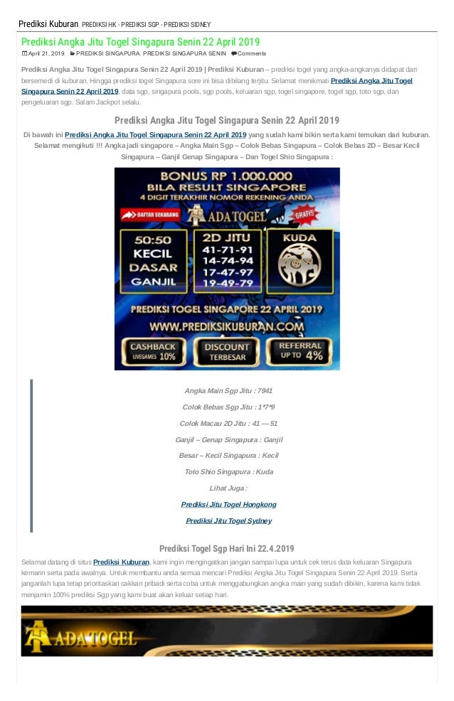 Prediksi Angka Jitu Togel Singapura Senin 22 April 2019