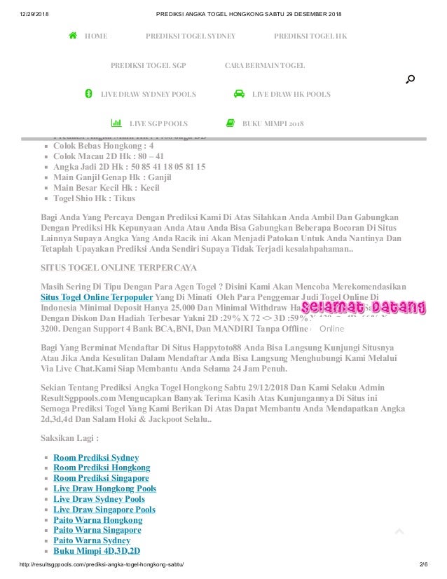 Prediksi Angka Togel Hongkong Sabtu 29 Desember 2018