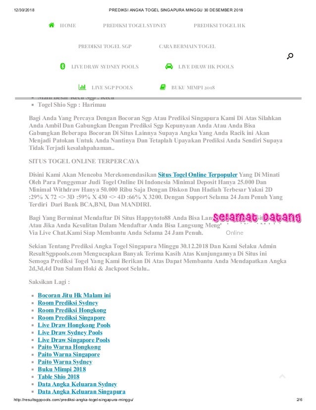 Prediksi Angka Togel Singapura Minggu 30 Desember 2018