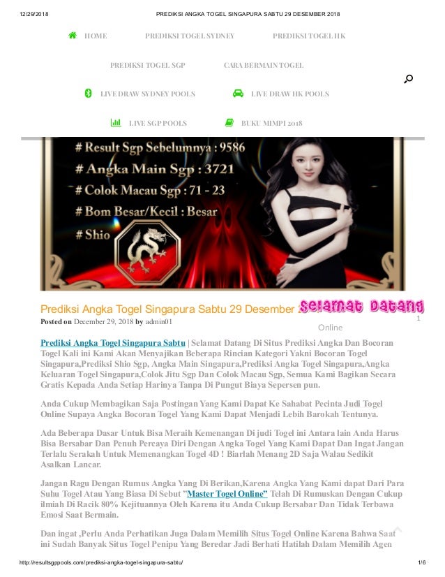 Prediksi Angka Togel Singapura Sabtu 29 Desember 2018