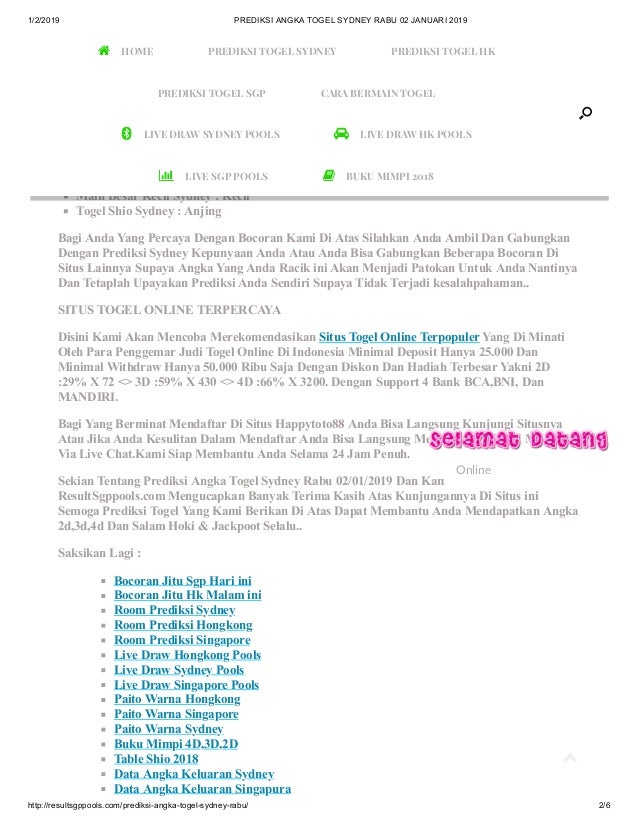 Prediksi Angka Togel Sydney Rabu 02 Januari 2019
