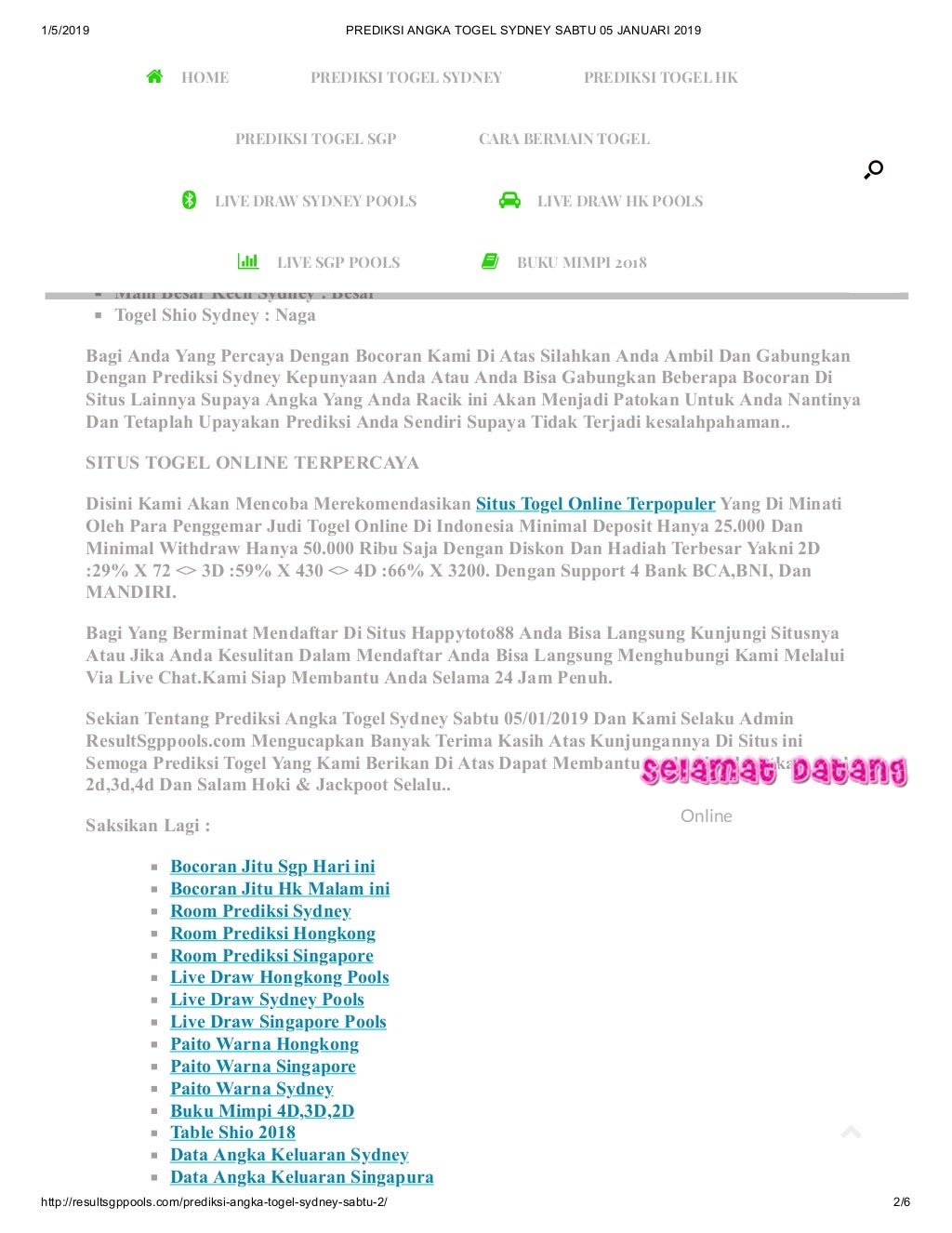 Prediksi angka togel sydney sabtu 05 januari 2019