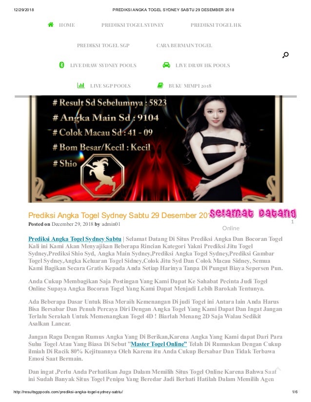 Prediksi angka togel sydney sabtu 29 desember 2018