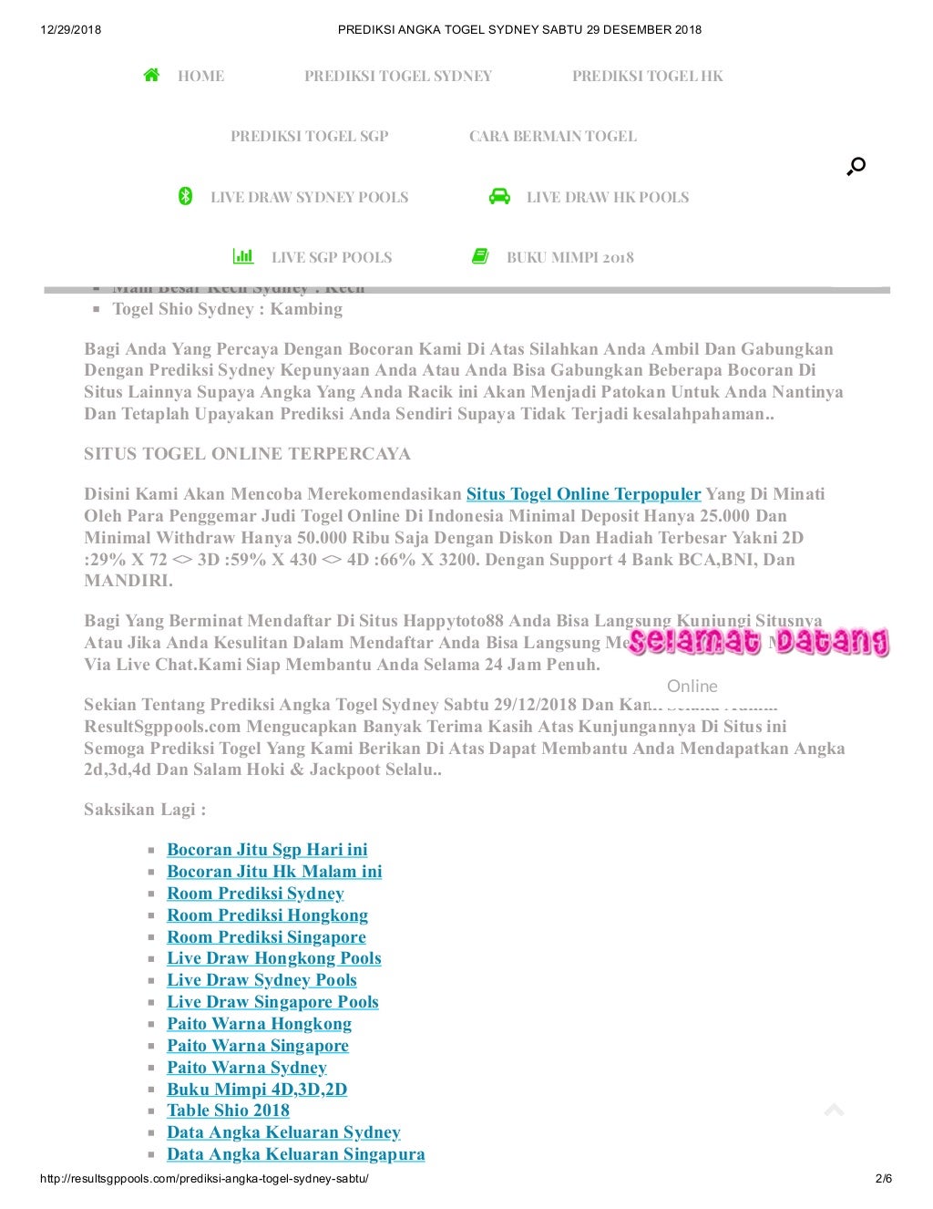 Prediksi angka togel sydney sabtu 29 desember 2018