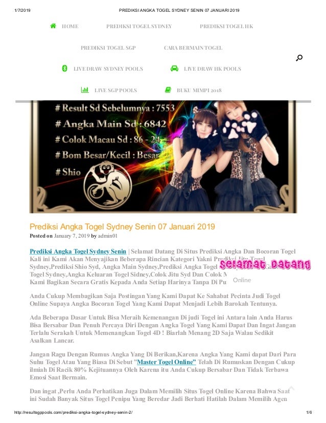 Prediksi Angka Togel Sydney Senin 07 Januari 2019
