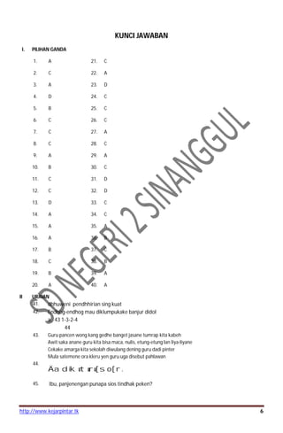 http://www.kejarpintar.tk 6
KUNCI JAWABAN
I. PILIHAN GANDA
1. A 21. C
2. C 22. A
3. A 23. D
4. D 24. C
5. B 25. C
6. C 26. C
7. C 27. A
8. C 28. C
9. A 29. A
10. B 30. C
11. C 31. D
12. C 32. D
13. D 33. C
14. A 34. C
15. A 35. A
16. A 36. B
17. B 37. C
18. C 38. B
19. B 39. A
20. A 40. A
II URAIAN
41. dhhuweni pendhhirian sing kuat
42. Endhog-endhog mau diklumpukake banjur didol
a. 43 1-3-2-4
44
43. Guru pancen wong kang gedhe banget jasane tumrap kita kabeh
Awit saka anane guru kita bisa maca, nulis, etung-etung lan liya-liyane
Cekake amarga kita sekolah diwulang dening guru dadi pinter
Mula satemene ora kleru yen guru uga disebut pahlawan
44.
Äadikuturu[so[r.
45. Ibu, panjenengan punapa sios tindhak peken?
 