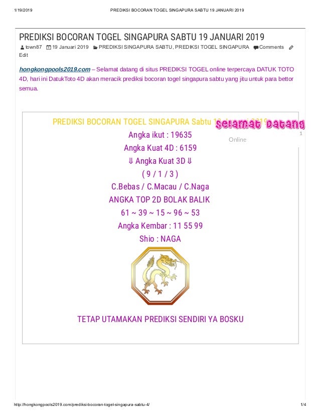 Prediksi Bocoran Togel Singapura Sabtu 19 Januari 2019