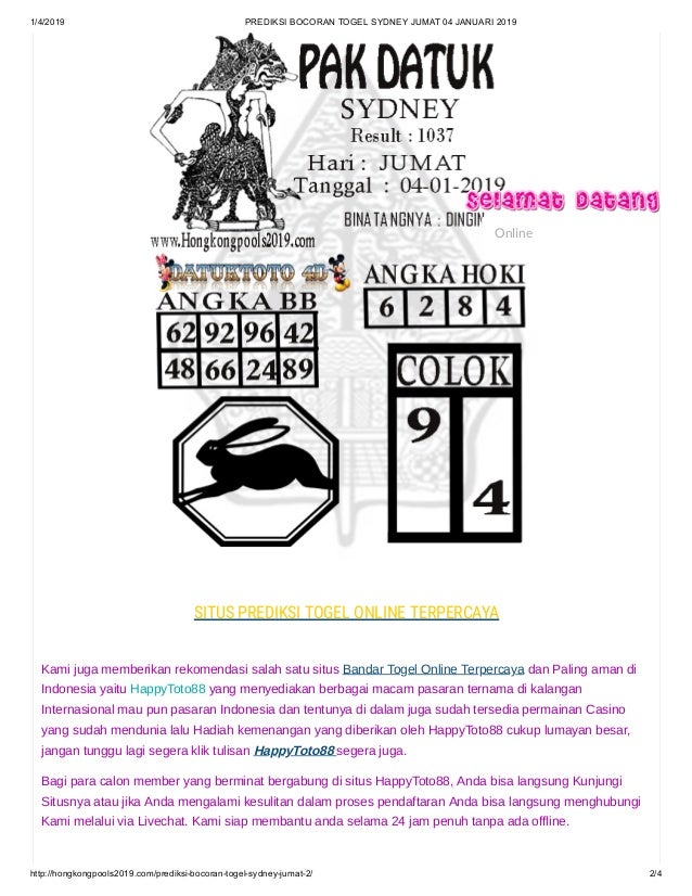Prediksi Bocoran Togel Sydney Jumat 04 Januari 2019
