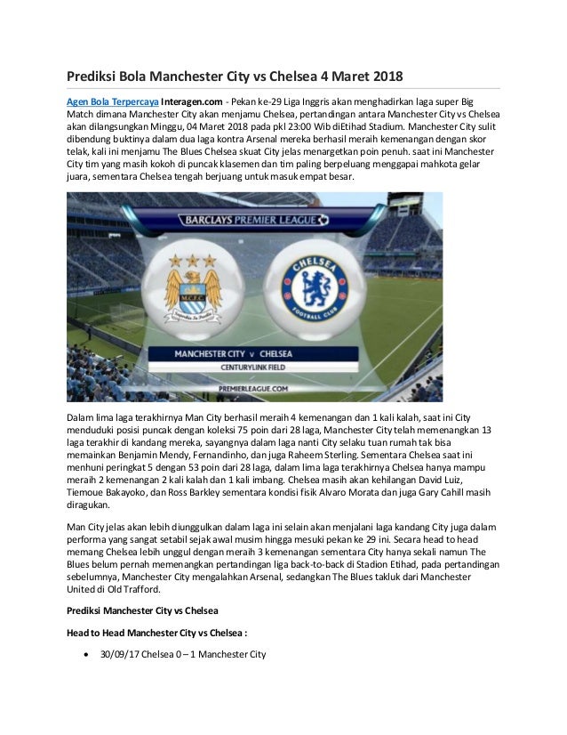 Prediksi bola manchester city vs chelsea 4 maret 2018