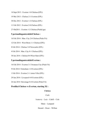 14 Sept 2013 : Everton 1-0 Chelsea (EPL)
19 Mei 2013 : Chelsea 2-1 Everton (EPL)
30 Des 2012 : Everton 1-2 Chelsea (EPL)
11 Feb 2012 : Everton 2-0 Chelsea (EPL)
27 Okt2011 : Everton 1-2 Chelsea (PialaLiga)

5 pertandinganterakhirChelsea :
16 Feb 2014 : Man. City 2-0 Chelsea (Piala FA)
12 Feb 2014 : West Brom 1-1 Chelsea (EPL)
8 Feb 2014 : Chelsea 3-0 Newcastle (EPL)
4 Feb 2014 : Man. City 0-1 Chelsea (EPL)
30 Jan 2014 : Chelsea 0-0 West Ham (EPL)

5 pertandinganterakhirEverton :
16 Feb 2014 : Everton 3-1 Swansea City (Piala FA)
9 Feb 2014 :Tottenham 1-0 Everton (EPL)
1 Feb 2014 : Everton 2-1 Aston Villa (EPL)
29 Jan 2014 : Liverpool 4-0 Everton (EPL)
26 Jan 2014 :Stevenage 0-4 Everton (Piala FA)

Prediksi Chelsea vs Everton, starting XI :
Chelsea
Cech
Ivanovic – Luiz – Cahill – Cole
Matic – Lampard
Hazard – Oscar – Willian

 