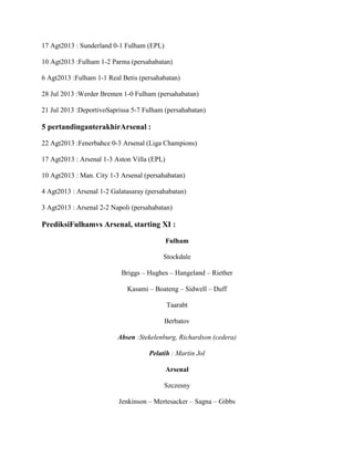 17 Agt2013 : Sunderland 0-1 Fulham (EPL)
10 Agt2013 :Fulham 1-2 Parma (persahabatan)
6 Agt2013 :Fulham 1-1 Real Betis (persahabatan)
28 Jul 2013 :Werder Bremen 1-0 Fulham (persahabatan)
21 Jul 2013 :DeportivoSaprissa 5-7 Fulham (persahabatan)
5 pertandinganterakhirArsenal :
22 Agt2013 :Fenerbahce 0-3 Arsenal (Liga Champions)
17 Agt2013 : Arsenal 1-3 Aston Villa (EPL)
10 Agt2013 : Man. City 1-3 Arsenal (persahabatan)
4 Agt2013 : Arsenal 1-2 Galatasaray (persahabatan)
3 Agt2013 : Arsenal 2-2 Napoli (persahabatan)
PrediksiFulhamvs Arsenal, starting XI :
Fulham
Stockdale
Briggs – Hughes – Hangeland – Riether
Kasami – Boateng – Sidwell – Duff
Taarabt
Berbatov
Absen :Stekelenburg, Richardson (cedera)
Pelatih : Martin Jol
Arsenal
Szczesny
Jenkinson – Mertesacker – Sagna – Gibbs
 