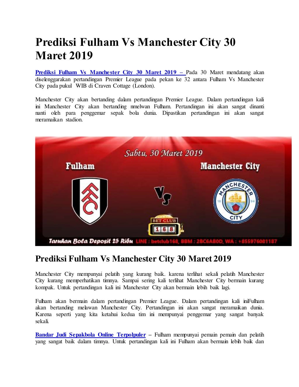 Prediksi fulham vs manchester city 30 maret 2019