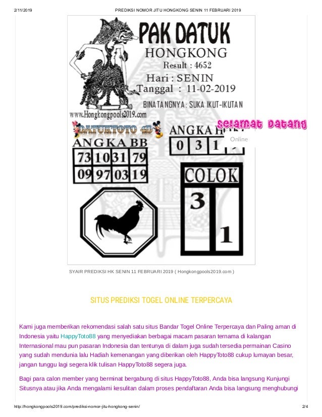 Prediksi Nomor Jitu Hongkong Senin 11 Februari 2019