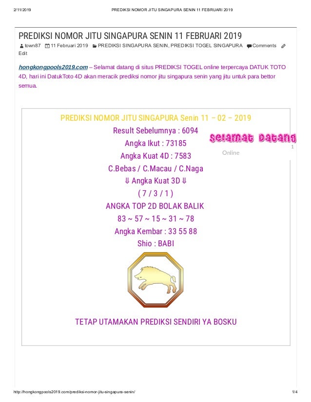 Prediksi Nomor Jitu Singapura Senin 11 Februari 2019