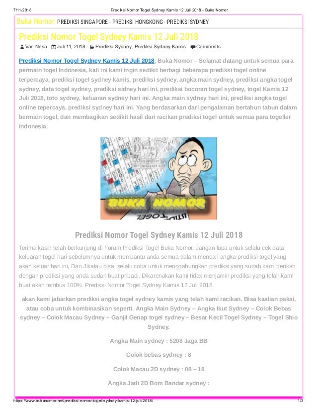 Prediksi Nomor Togel Sydney Kamis 12 Juli 2018 Buka Nomor