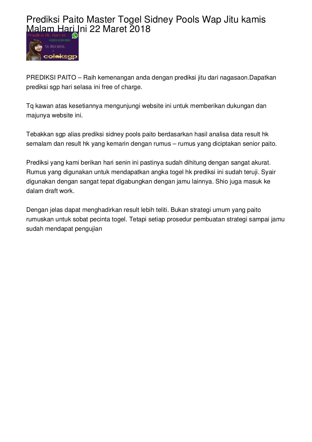 Prediksi Paito Master Togel Sidney Pools Wap Jitu kamis