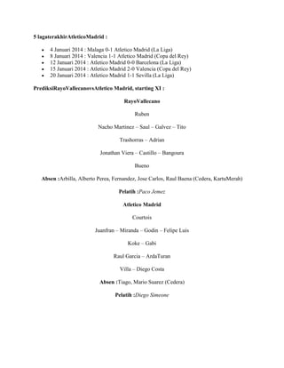 5 lagaterakhirAtleticoMadrid :
4 Januari 2014 : Malaga 0-1 Atletico Madrid (La Liga)
8 Januari 2014 : Valencia 1-1 Atletico Madrid (Copa del Rey)
12 Januari 2014 : Atletico Madrid 0-0 Barcelona (La Liga)
15 Januari 2014 : Atletico Madrid 2-0 Valencia (Copa del Rey)
20 Januari 2014 : Atletico Madrid 1-1 Sevilla (La Liga)
PrediksiRayoVallecanovsAtletico Madrid, starting XI :
RayoVallecano
Ruben
Nacho Martinez – Saul – Galvez – Tito
Trashorras – Adrian
Jonathan Viera – Castillo – Bangoura
Bueno
Absen :Arbilla, Alberto Perea, Fernandez, Jose Carlos, Raul Baena (Cedera, KartuMerah)
Pelatih :Paco Jemez
Atletico Madrid
Courtois
Juanfran – Miranda – Godin – Felipe Luis
Koke – Gabi
Raul Garcia – ArdaTuran
Villa – Diego Costa
Absen :Tiago, Mario Suarez (Cedera)
Pelatih :Diego Simeone

 