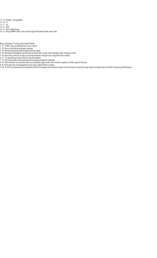 15. E. Hadiah : pengabdian 
16. D. 21 
17. C. 38 
18. C. 200 
19. A. Hari t idak hujan 
20. E. Harga BBM t idak naik atau harga kebutuhan pokok akan naik. 
Kunci Jawaban Tes Karakteristik Pribadi: 
1. E. Tidak ingin melakukannya sama sekali 
2. D. Saya menolaknya dengan mantap 
3. B. Melaporkannya pada pimpinan/ketua rapat 
4. B. Mempertimbangkan permintaan tersebut dan minta saran/masukan dari manajer Anda 
5. B. Menolak tawaran itu dan mencoba melamar dengan cara yang baik/ikut seleksi 
6. C. Tetap pulang sesuai jadwal yang ditetapkan 
7. D. Menerima dan minta penjelasan kenapa pendapat itu ditolak 
8. D. Menolaknya secara halus dan menyarankan agar anak rekan Anda mengikut i seleksi seperti lainnya 
9. B. Menegur dan mengingatkan kasir agar t idak berlaku curang 
10.E. Perlu menjelaskan permasalahan kondisi keuangan perusahaan kepada seluruh jajaran organisasi agar dapat mengevaluasi kembali rencana pembelanjaan 
