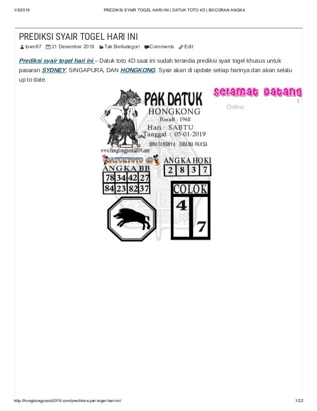 Prediksi Syair Togel Hari Ini Datuk Toto 4 D Bocoran Angka