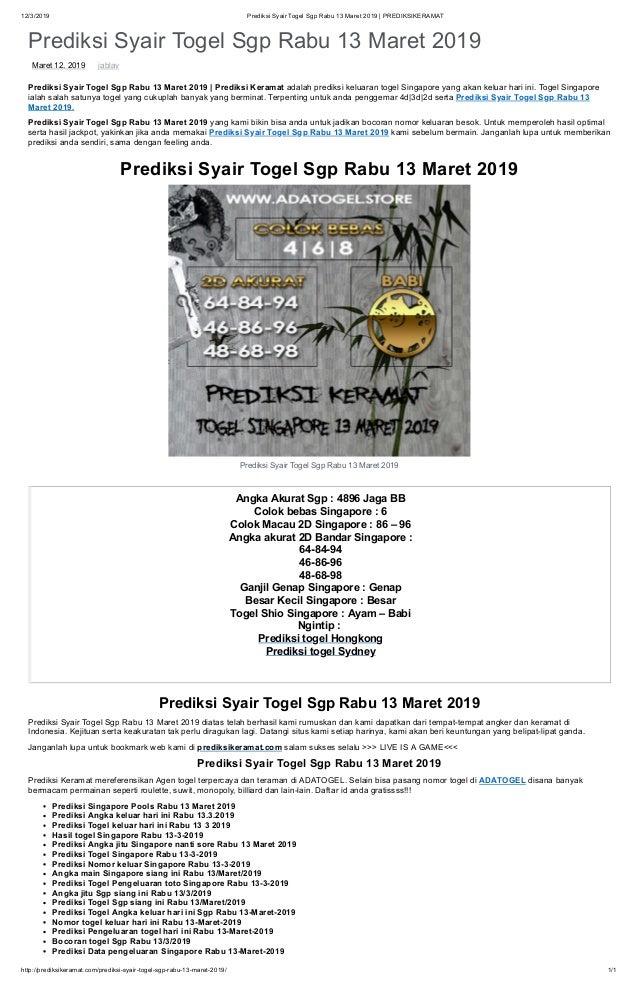 No Togel Keluar Sgp 2019
, Prediksi Syair Togel Sgp Rabu 13 Maret 2019 Prediksikeramat