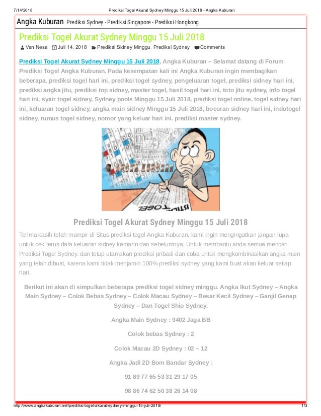 Prediksi Togel Akurat Sydney Minggu 15 Juli 2018 Angka Kuburan