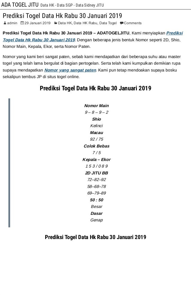 Prediksi Togel Data Hk Rabu 30 Januari 2019