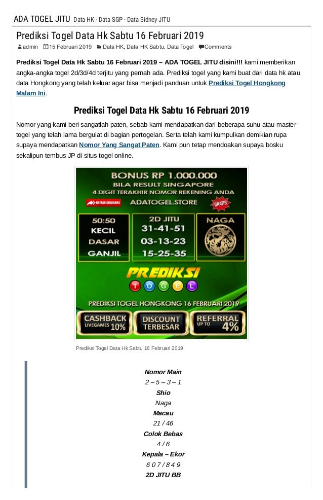 Prediksi Togel Data Hk Sabtu 16 Februari 2019 Ada Togel Jitu