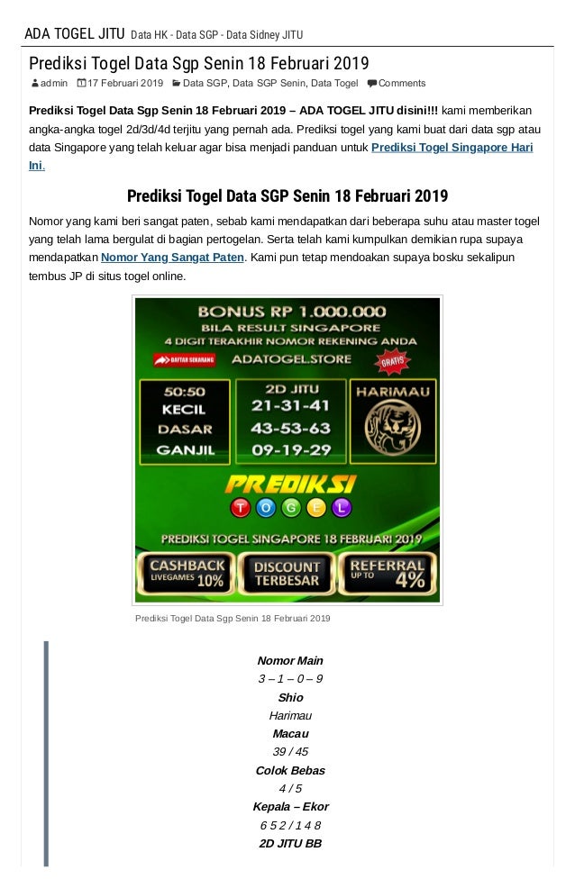 Prediksi Togel Data Sgp Senin 18 Februari 2019 Ada Togel Jitu