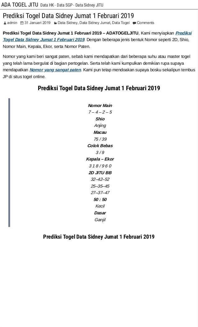 Prediksi Togel Data Sidney Jumat 1 Februari 2019