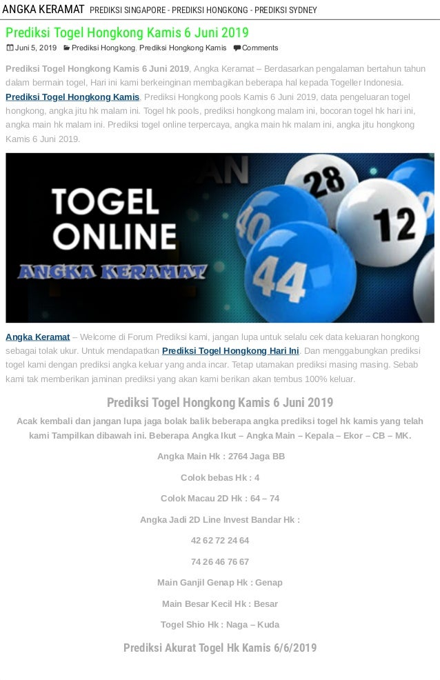 Togel Keluar Hari Ini Hongkong 6 Angka
, Prediksi Togel Hongkong Kamis 6 Juni 2019 Angka Keramat