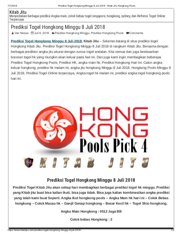Prediksi Togel Hongkong Minggu 8 Juli 2018 Kitab Jitu Hongkong Pools