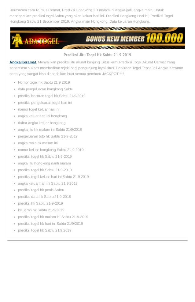 Prediksi Togel Hongkong Sabtu 21 September 2019