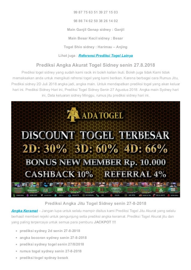 Prediksi Togel Sidney Senin 27 Agustus 2018 Angka Keramat