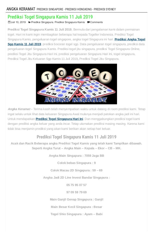 Prediksi Togel Singapura Kamis 11 Juli 2019