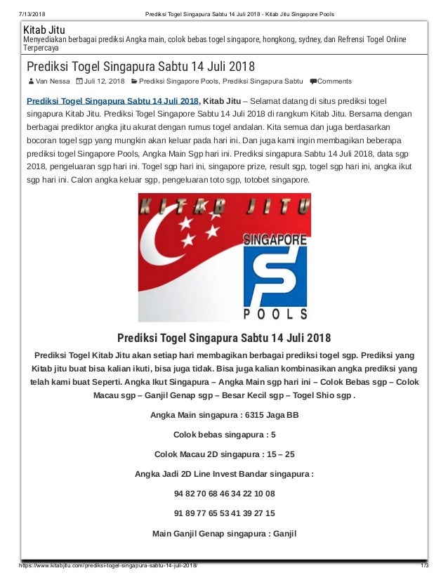 Prediksi Togel Singapura Sabtu 14 Juli 2018 Kitab Jitu Singapore Po