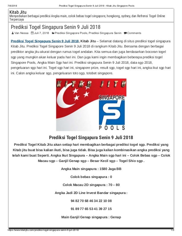 Prediksi Togel Singapura Senin 9 Juli 2018 Kitab Jitu Singapore Poo